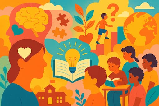 Colorful digital illustration representing themes of child development, learning, and parenting. Features include children reading and exploring, symbolic imagery of a brain and heart, a lightbulb emerging from an open book, puzzle pieces, a globe, and a school building—all set against a vibrant backdrop of warm and cool tones.